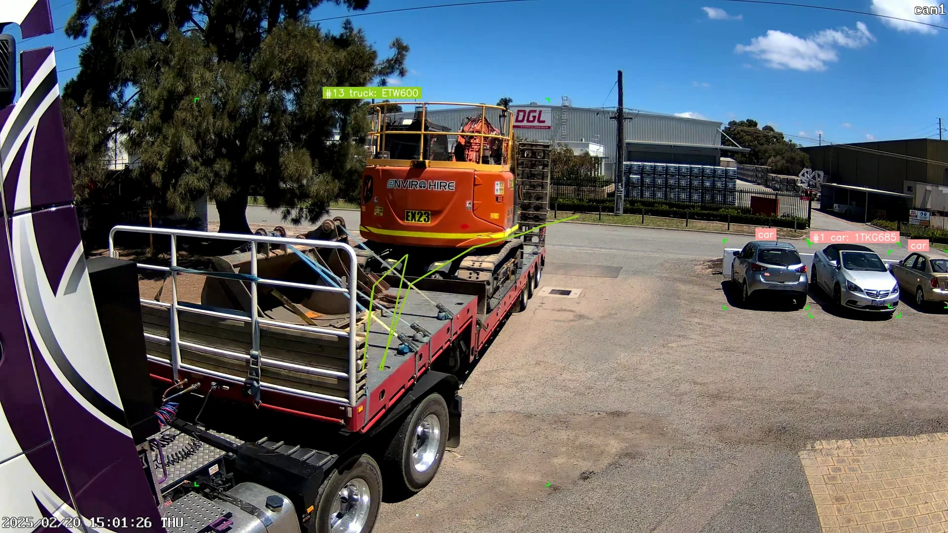 Annotated Machine Vision still showing excavator transport and vehicle detection